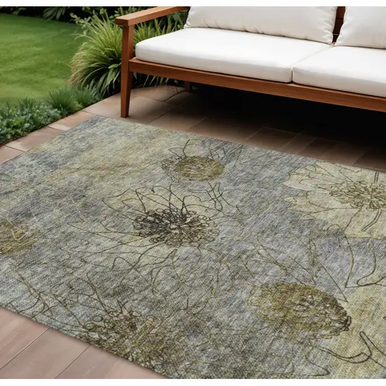 Granite Gray And Gold Floral Washable Indoor Outdoor Area Rug Photo 1