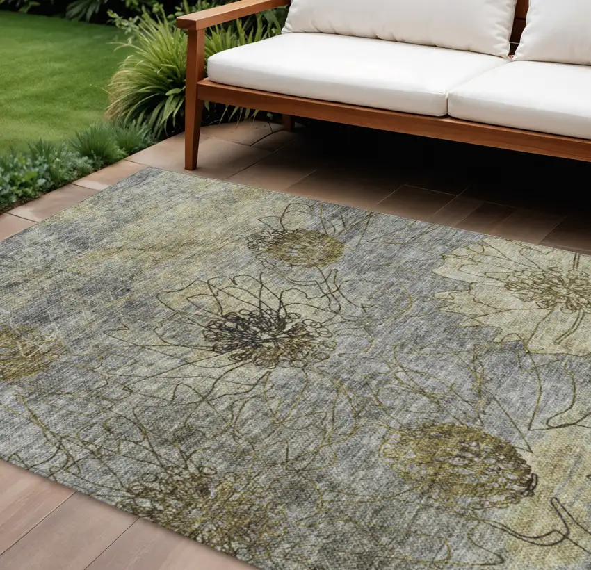 Granite Gray And Gold Floral Washable Indoor Outdoor Area Rug Photo 1