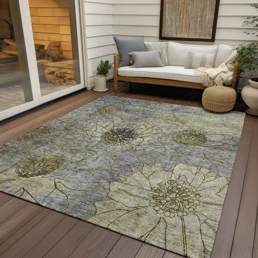 Granite Gray And Gold Floral Washable Indoor Outdoor Area Rug Photo 9
