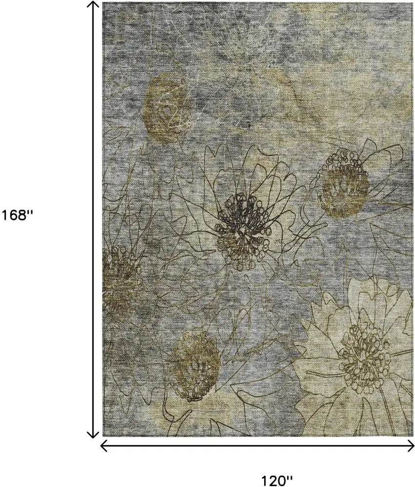 Granite Gray And Gold Floral Washable Indoor Outdoor Area Rug Photo 3