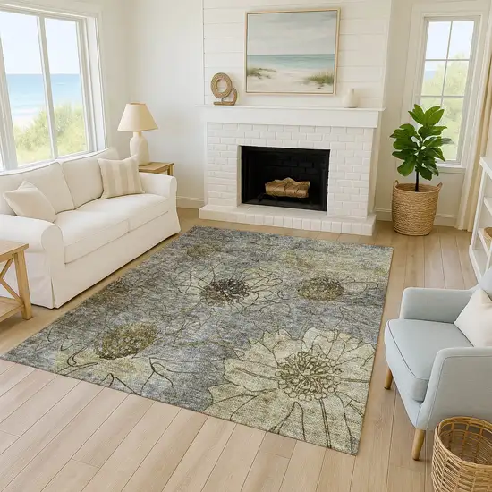 Granite Gray And Gold Floral Washable Indoor Outdoor Area Rug Photo 7