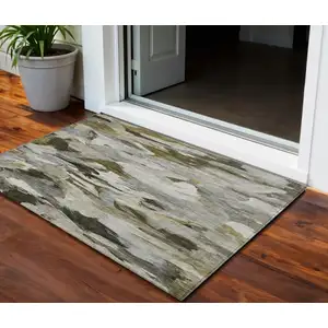 Photo of Granite Gray And Green Abstract Washable Indoor Outdoor Area Rug