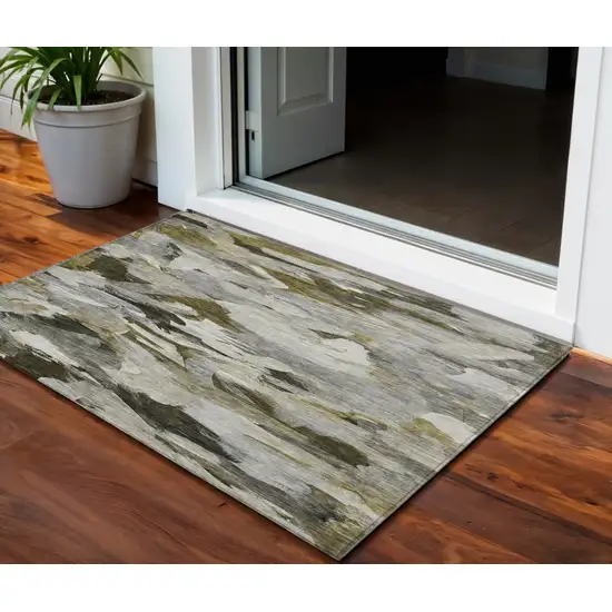 Granite Gray And Green Abstract Washable Indoor Outdoor Area Rug Photo 1