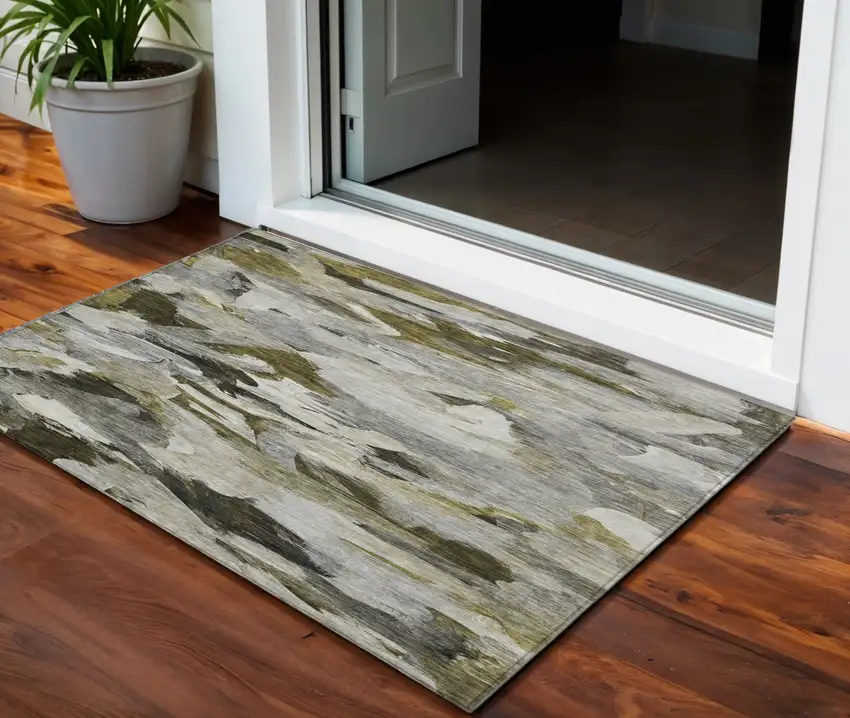 Granite Gray And Green Abstract Washable Indoor Outdoor Area Rug Photo 1