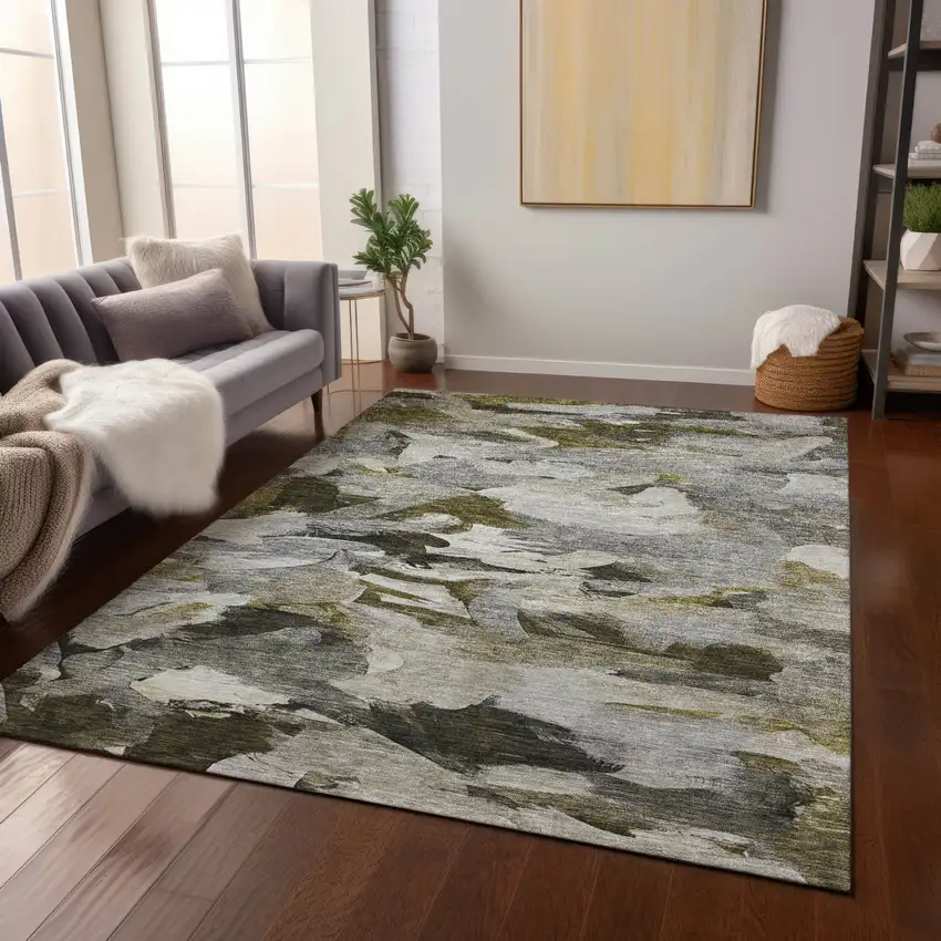 Granite Gray And Green Abstract Washable Indoor Outdoor Area Rug Photo 9