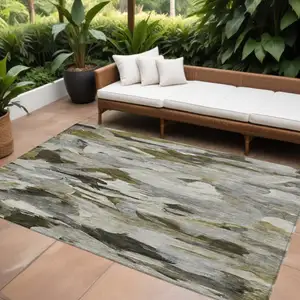 Photo of Granite Gray And Green Abstract Washable Indoor Outdoor Area Rug