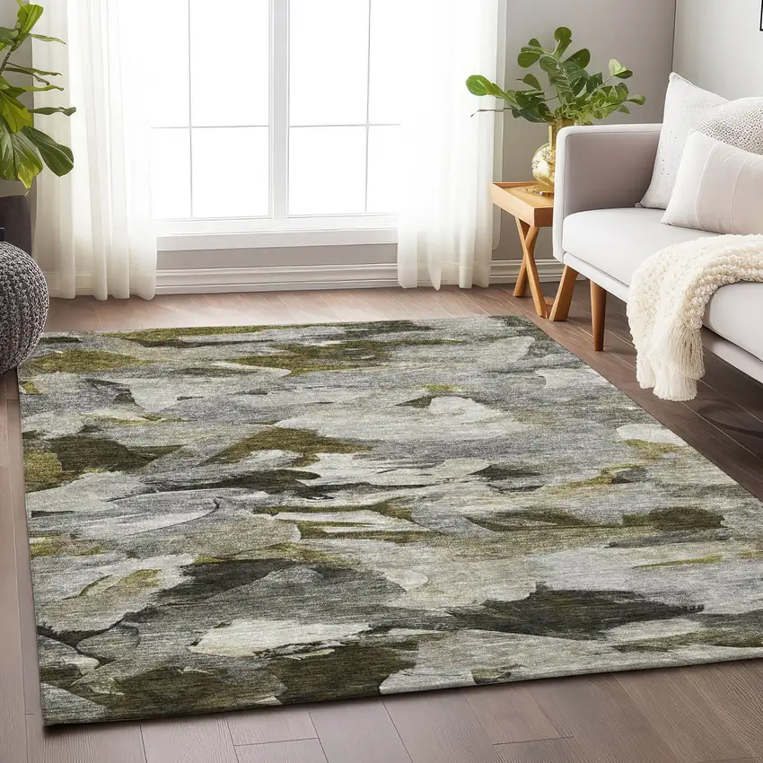 Granite Gray And Green Abstract Washable Indoor Outdoor Area Rug Photo 9