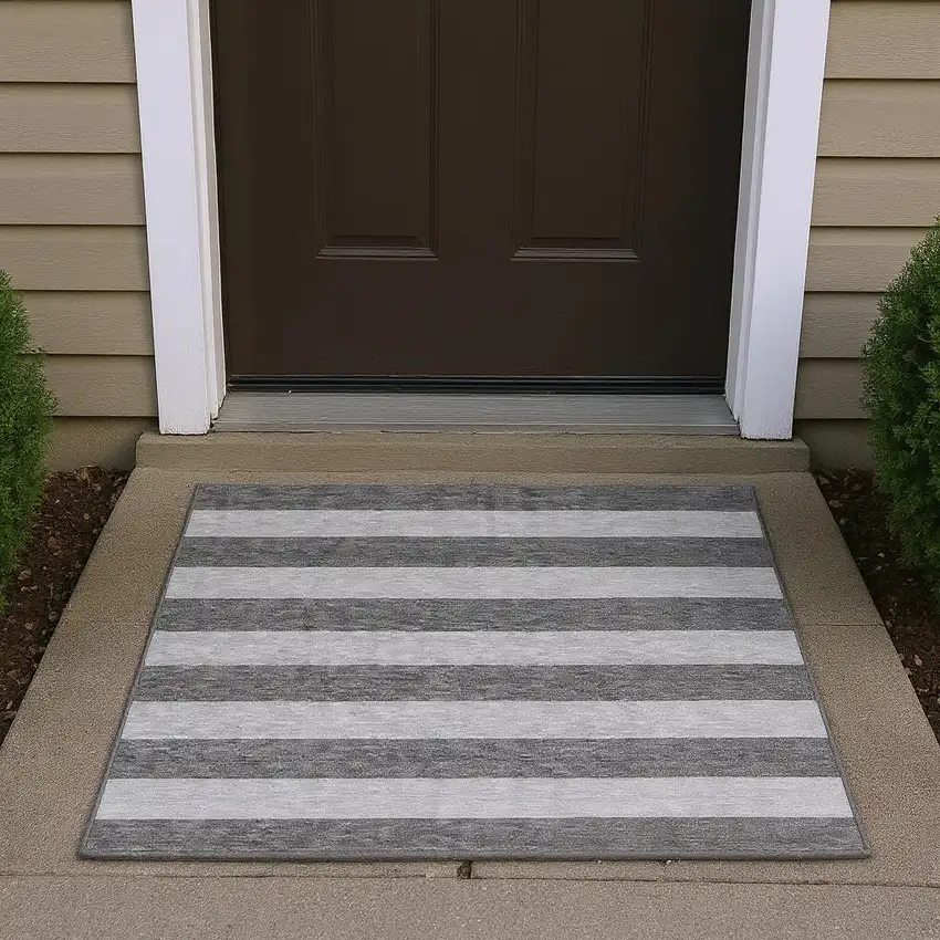 Granite Gray And Ivory Striped Washable Area Rug With UV Protection Photo 2