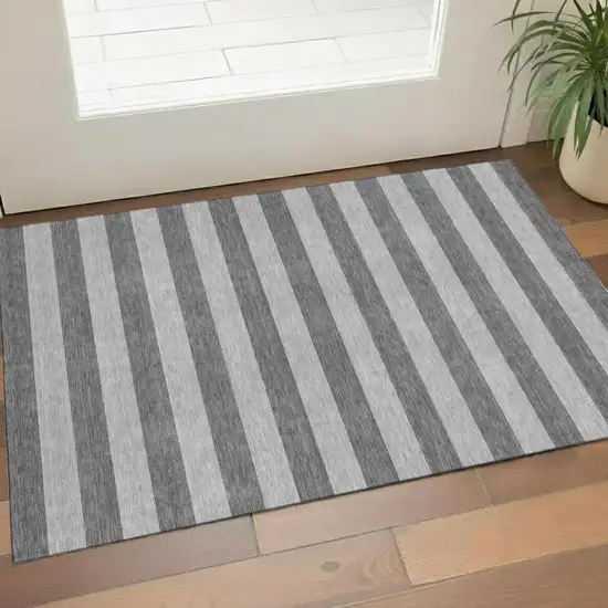 Granite Gray And Ivory Striped Washable Area Rug With UV Protection Photo 1