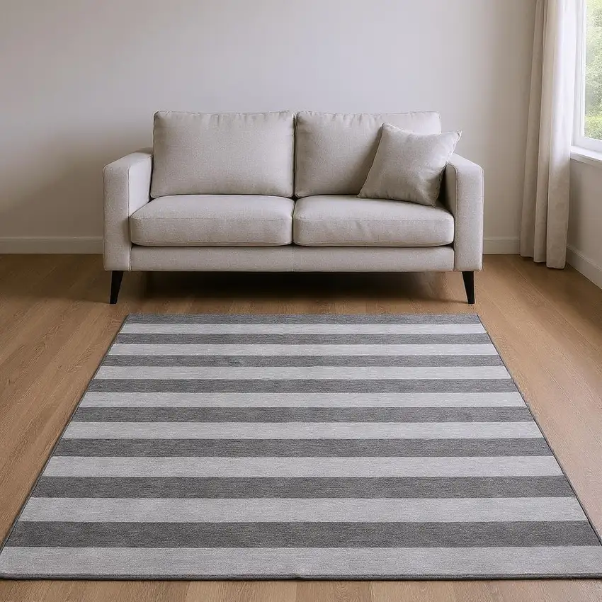 Granite Gray And Ivory Striped Washable Area Rug With UV Protection Photo 2