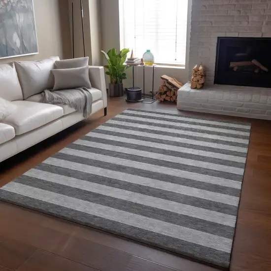 Granite Gray And Ivory Striped Washable Area Rug With UV Protection Photo 6