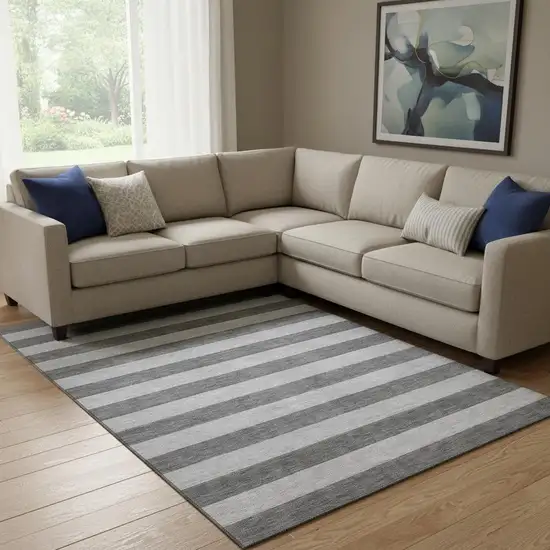 Granite Gray And Ivory Striped Washable Area Rug With UV Protection Photo 1