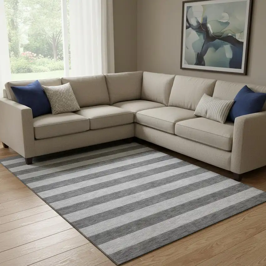 Granite Gray And Ivory Striped Washable Area Rug With UV Protection Photo 1