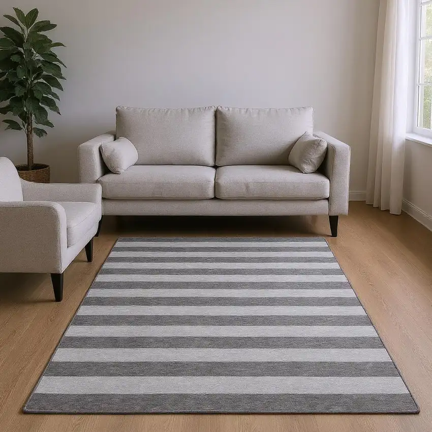 Granite Gray And Ivory Striped Washable Area Rug With UV Protection Photo 2