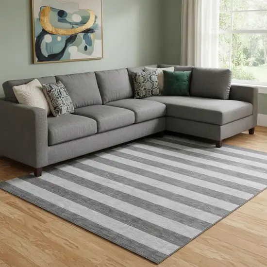 Granite Gray And Ivory Striped Washable Area Rug With UV Protection Photo 1