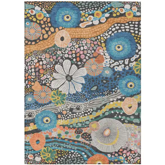 Granite Gray And Navy Blue Floral Washable Indoor Outdoor Area Rug Photo 2
