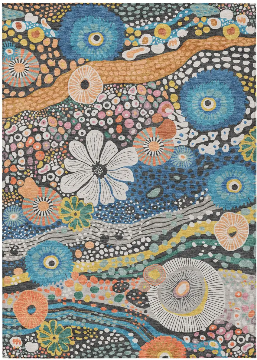 Granite Gray And Navy Blue Floral Washable Indoor Outdoor Area Rug Photo 2