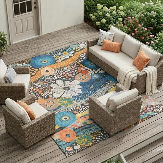 Granite Gray And Navy Blue Floral Washable Indoor Outdoor Area Rug Photo 1