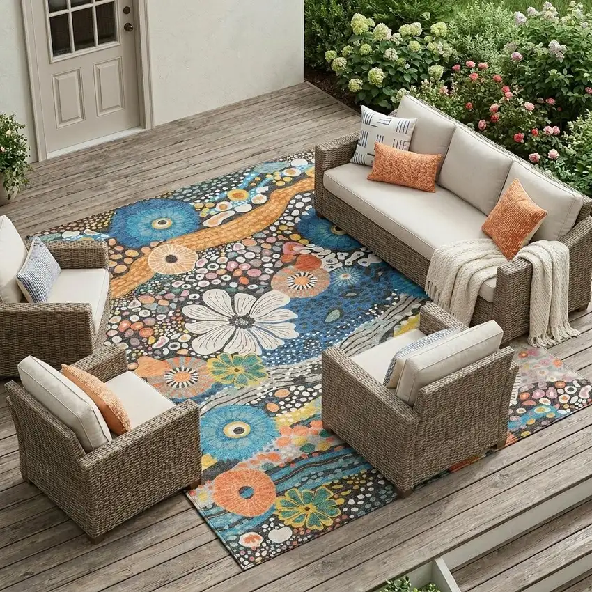 Granite Gray And Navy Blue Floral Washable Indoor Outdoor Area Rug Photo 1