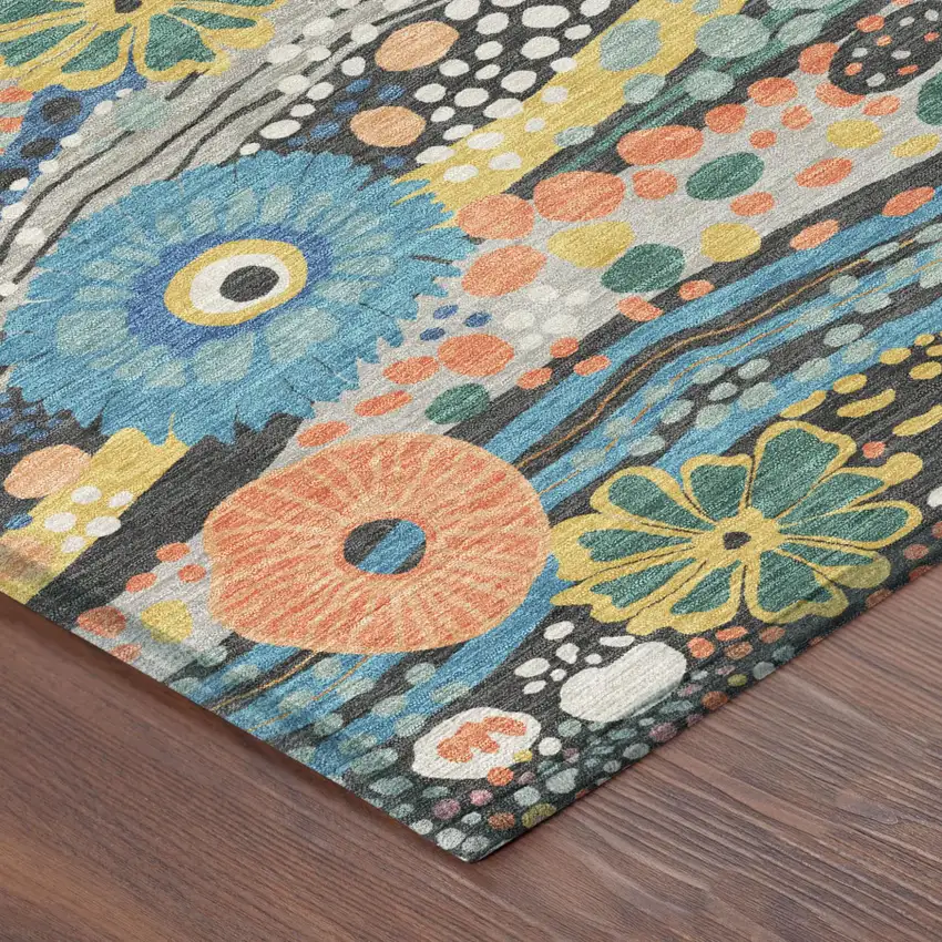Granite Gray And Navy Blue Floral Washable Indoor Outdoor Area Rug Photo 5