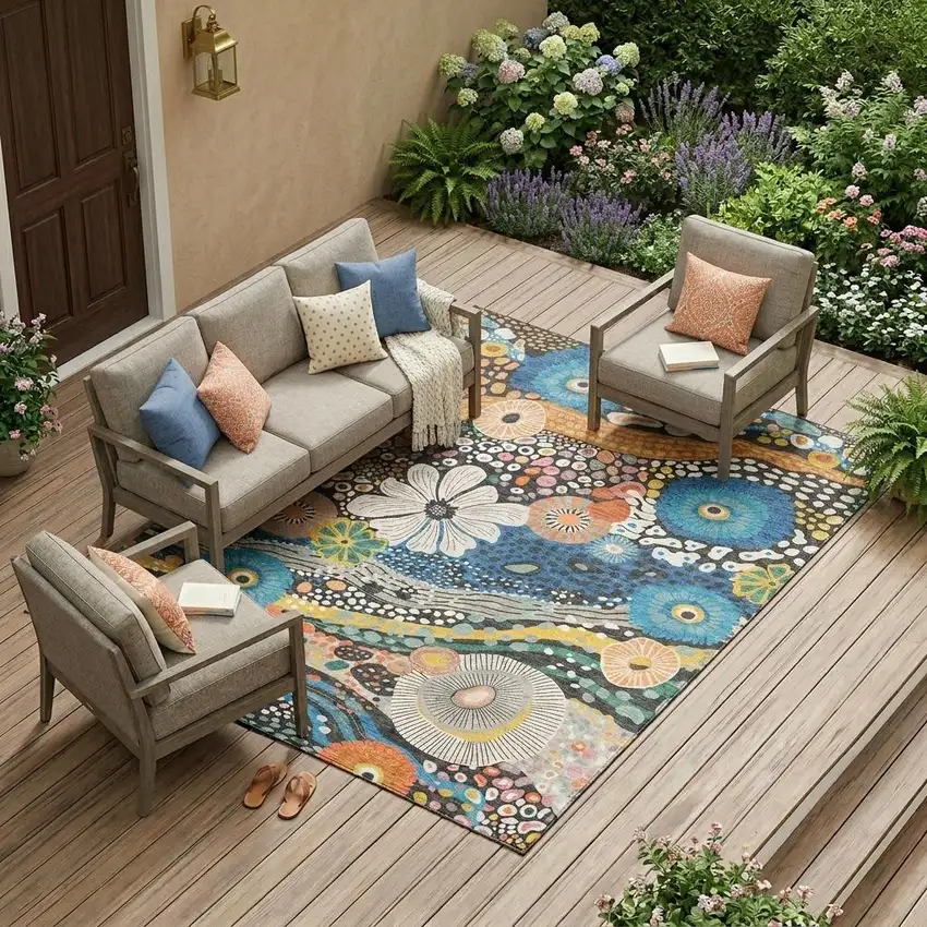 Granite Gray And Navy Blue Floral Washable Indoor Outdoor Area Rug Photo 1