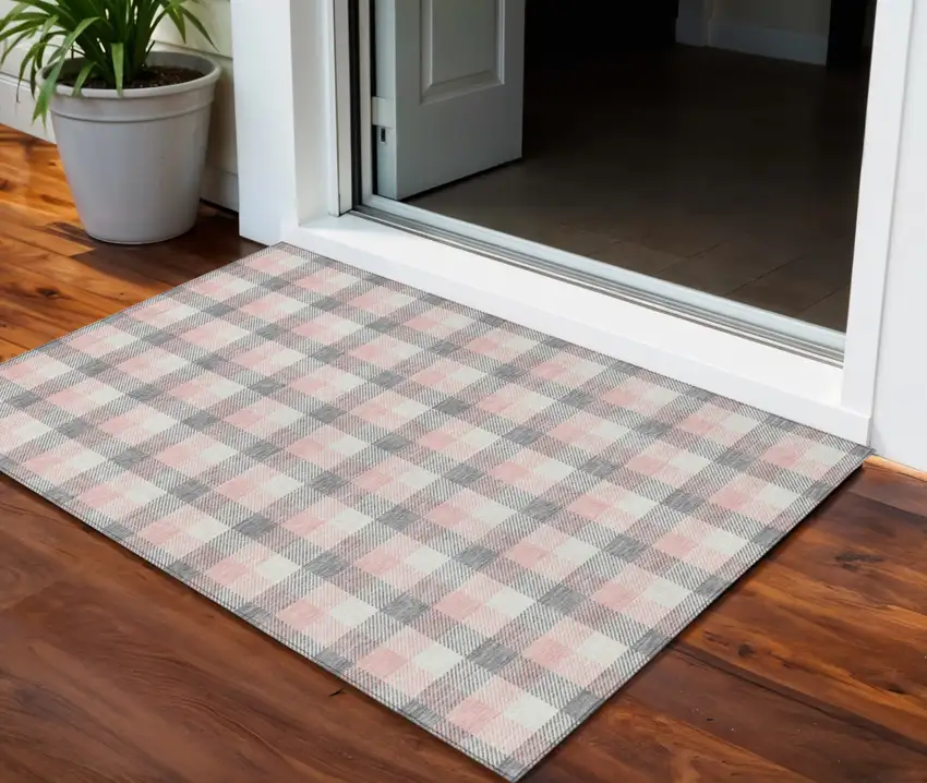 Granite Gray And Pink Plaid Washable Indoor Outdoor Area Rug Photo 1