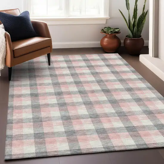 Granite Gray And Pink Plaid Washable Indoor Outdoor Area Rug Photo 9