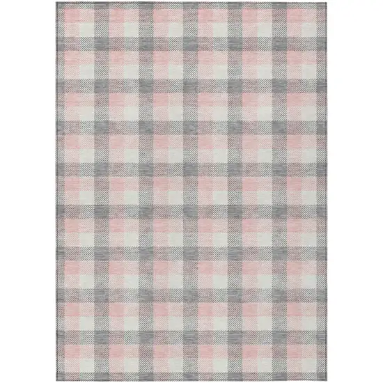 Granite Gray And Pink Plaid Washable Indoor Outdoor Area Rug Photo 2