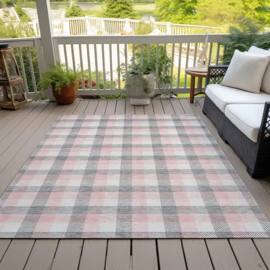 Granite Gray And Pink Plaid Washable Indoor Outdoor Area Rug Photo 8