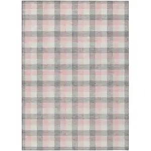 Photo of Granite Gray And Pink Plaid Washable Indoor Outdoor Area Rug