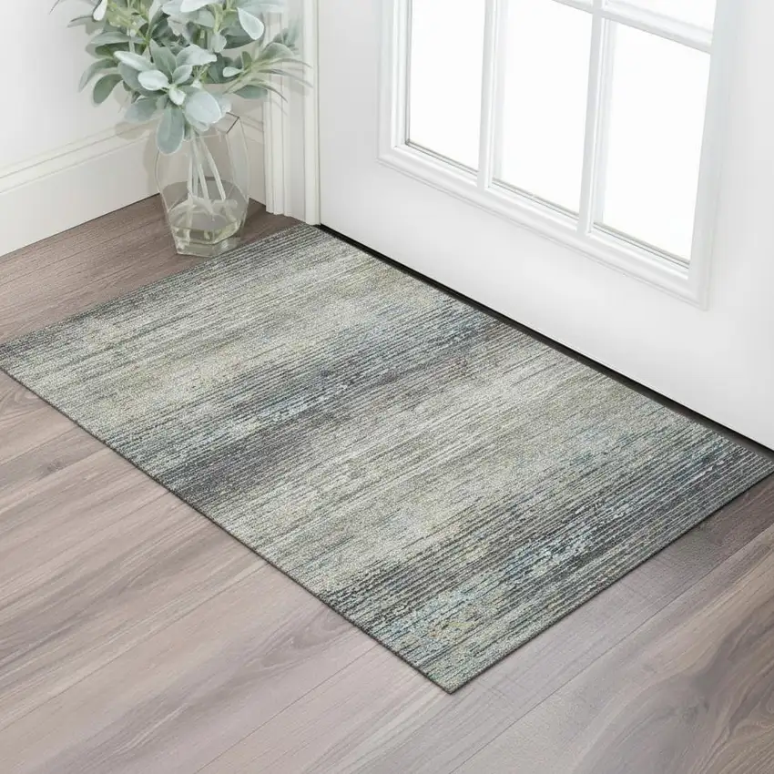 Granite Gray And Silver Striped Washable Area Rug With UV Protection Photo 2