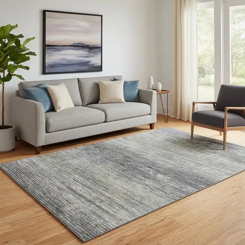 Granite Gray And Silver Striped Washable Area Rug With UV Protection Photo 2