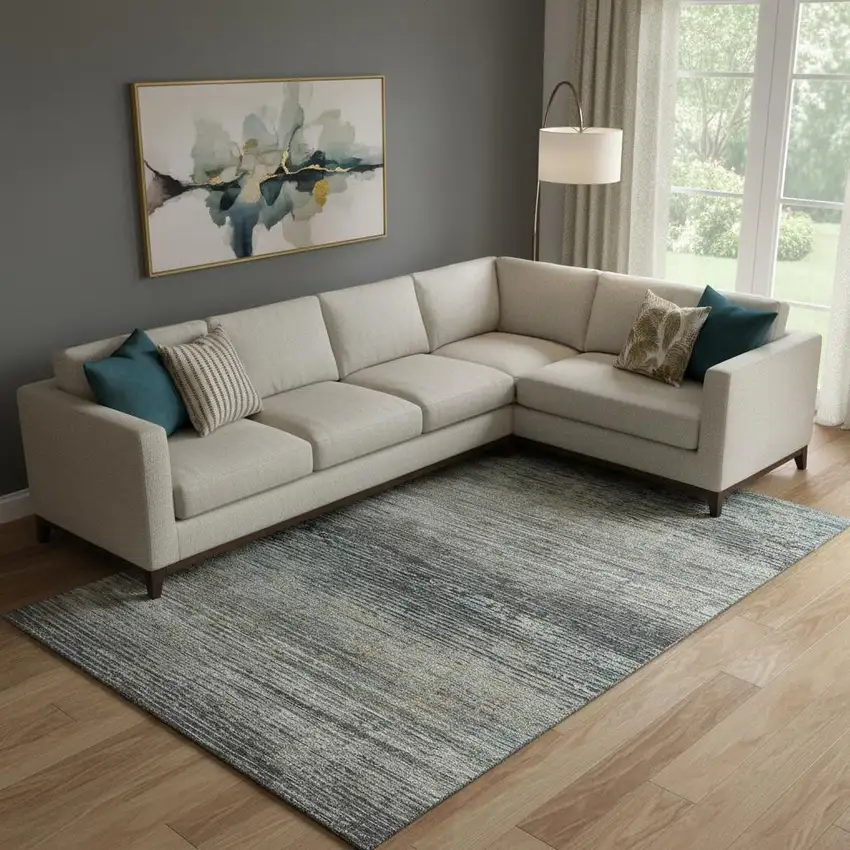 Granite Gray And Silver Striped Washable Area Rug With UV Protection Photo 2