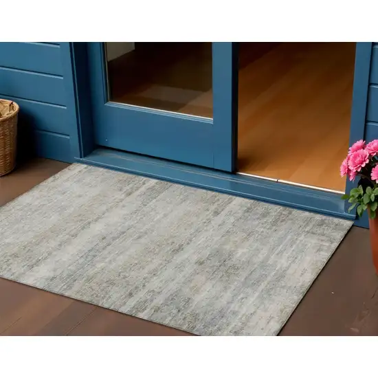 Granite Gray And Silver Striped Washable Indoor Outdoor Area Rug Photo 2