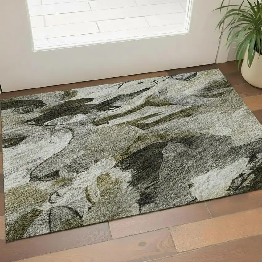 Granite Gray Beige And Gold Abstract Washable Area Rug With UV Protection Photo 2