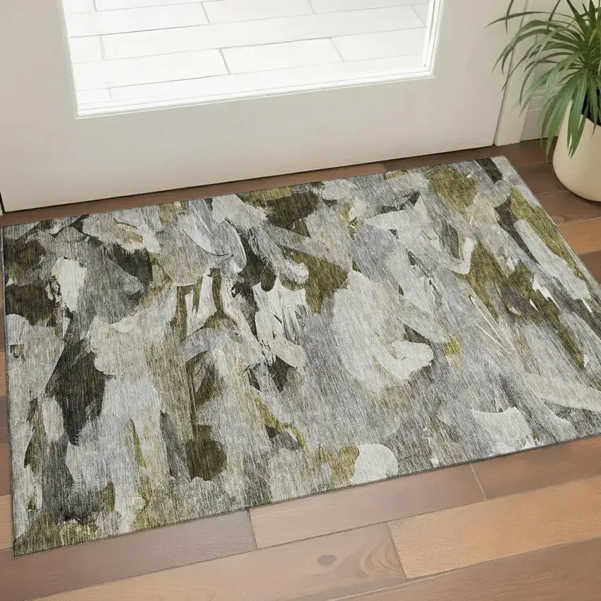 Granite Gray Beige And Gold Abstract Washable Area Rug With UV Protection Photo 1