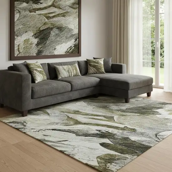 Granite Gray Beige And Gold Abstract Washable Area Rug With UV Protection Photo 2