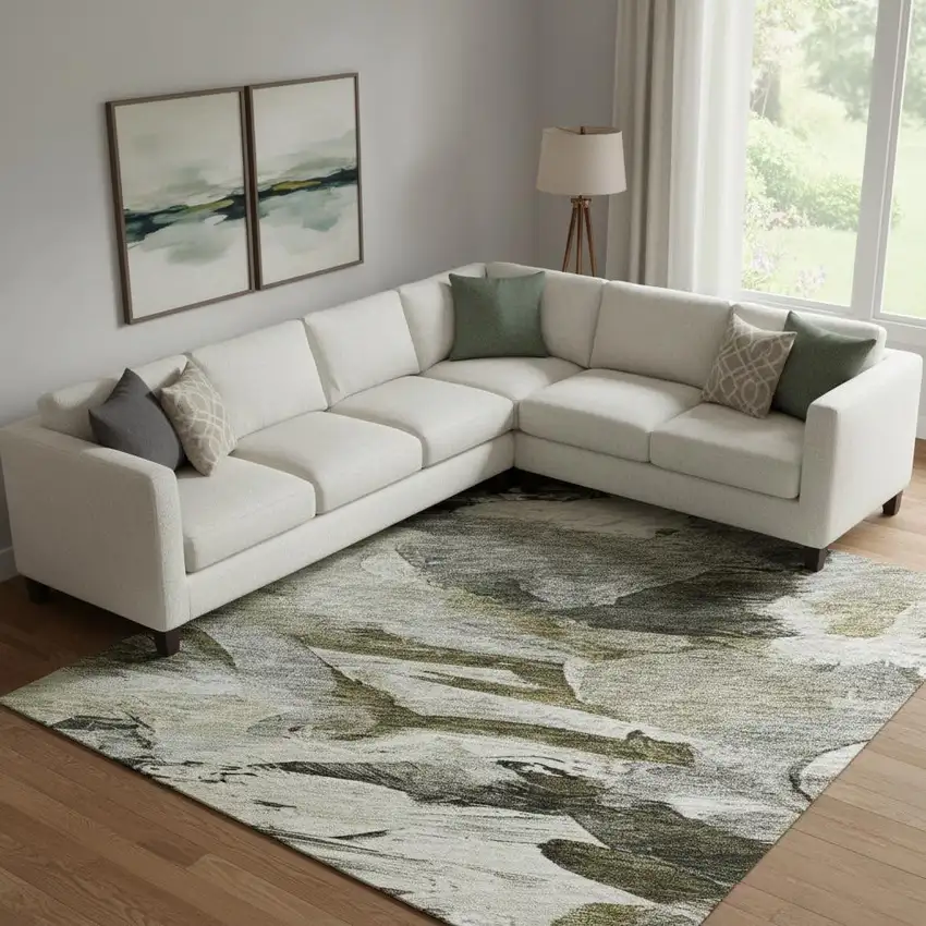 Granite Gray Beige And Gold Abstract Washable Area Rug With UV Protection Photo 2