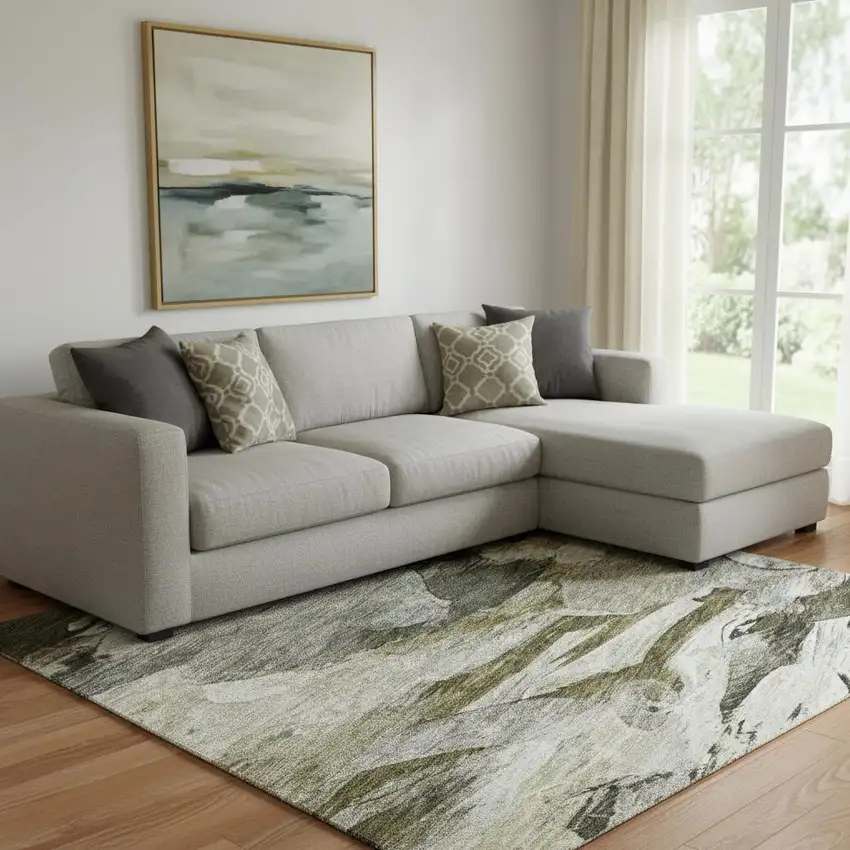 Granite Gray Beige And Gold Abstract Washable Area Rug With UV Protection Photo 2