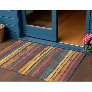 Photo of Granite Gray Copper And Yellow Striped Washable Indoor Outdoor Area Rug