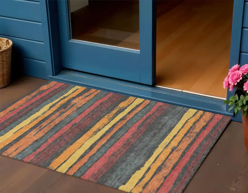 Granite Gray Copper And Yellow Striped Washable Indoor Outdoor Area Rug Photo 1