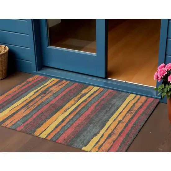 Granite Gray Copper And Yellow Striped Washable Indoor Outdoor Area Rug Photo 1