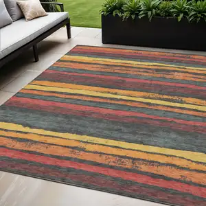 Photo of Granite Gray Copper And Yellow Striped Washable Indoor Outdoor Area Rug