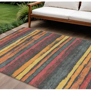 Photo of Granite Gray Copper And Yellow Striped Washable Indoor Outdoor Area Rug