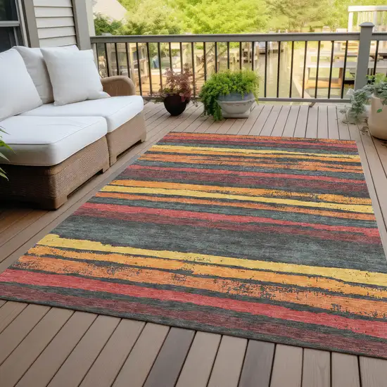 Granite Gray Copper And Yellow Striped Washable Indoor Outdoor Area Rug Photo 7