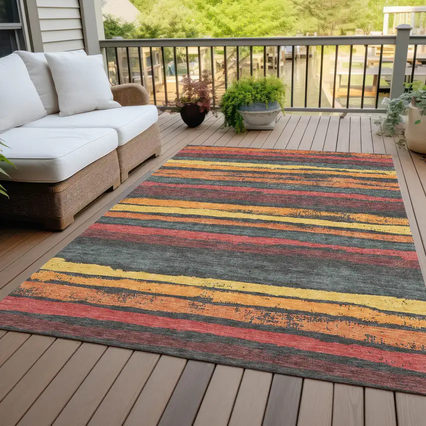 Granite Gray Copper And Yellow Striped Washable Indoor Outdoor Area Rug Photo 7