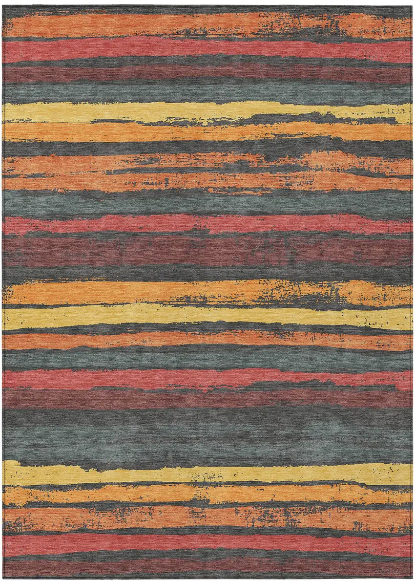 Granite Gray Copper And Yellow Striped Washable Indoor Outdoor Area Rug Photo 2