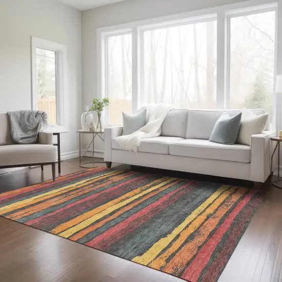 Granite Gray Copper And Yellow Striped Washable Indoor Outdoor Area Rug Photo 9