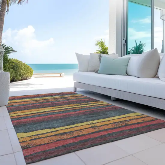 Granite Gray Copper And Yellow Striped Washable Indoor Outdoor Area Rug Photo 9