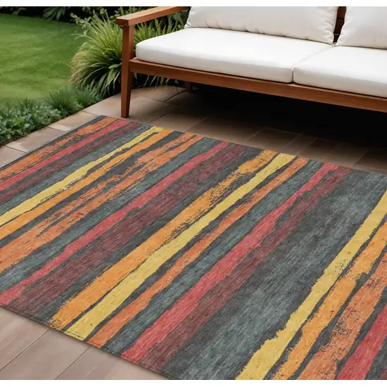 Granite Gray Copper And Yellow Striped Washable Indoor Outdoor Area Rug Photo 1